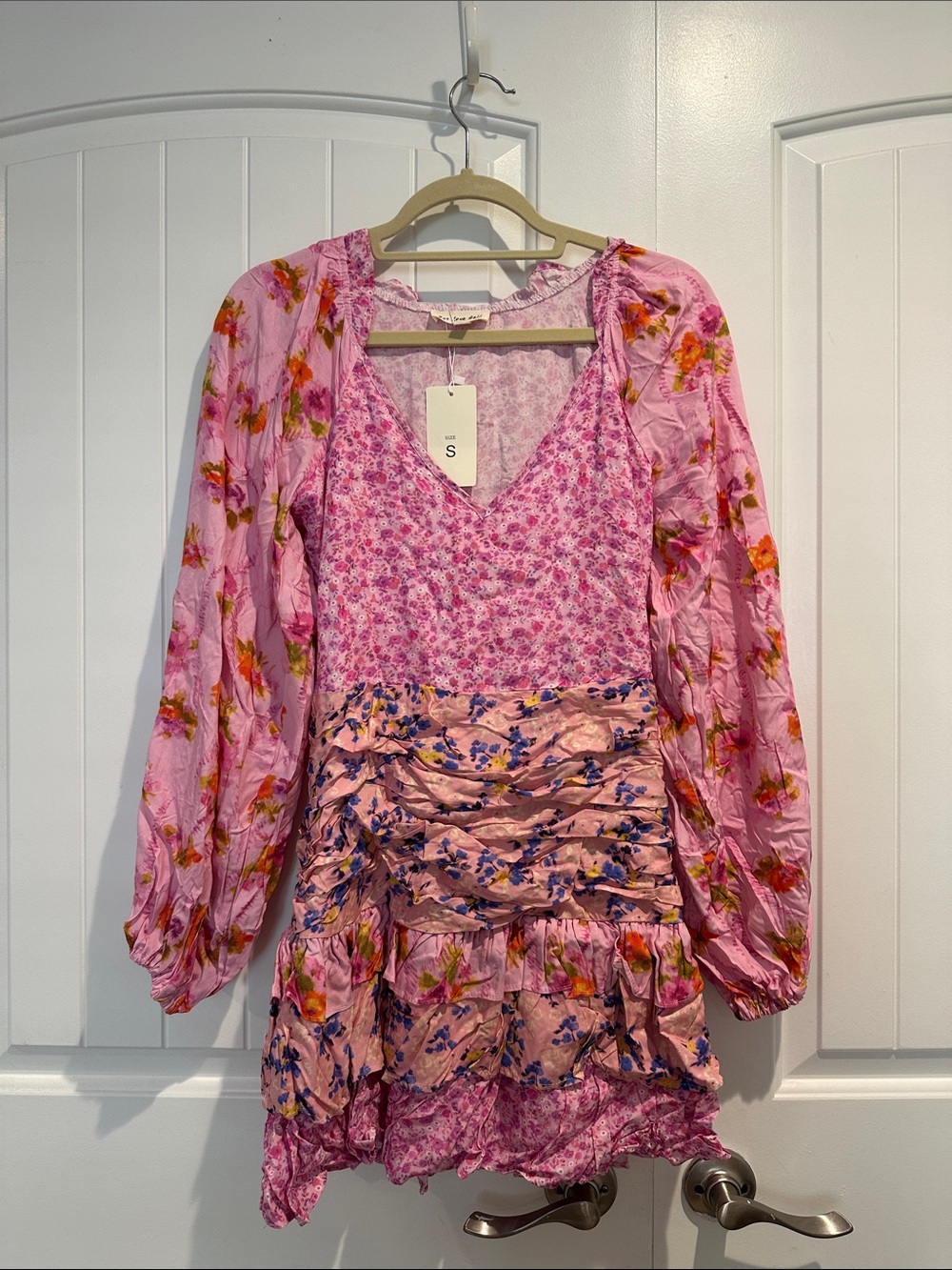 Pink Mixed-Print Floral Mini Dress